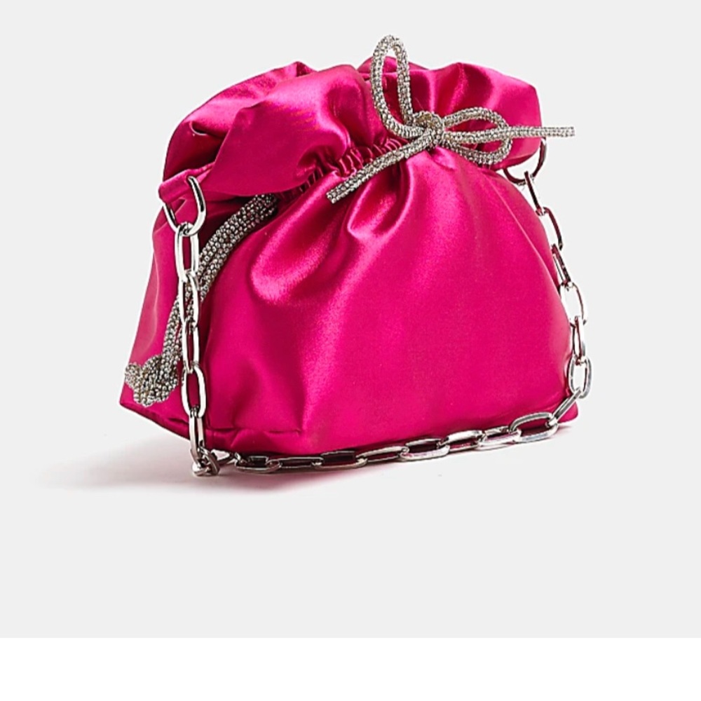 PINK SATIN DIAMANTE BOW SHOULDER BAG